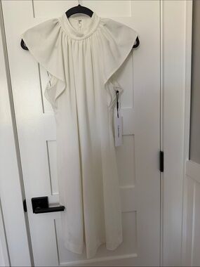 Calvin Klein Ivory High-Neck Flutter Sleeve Dress